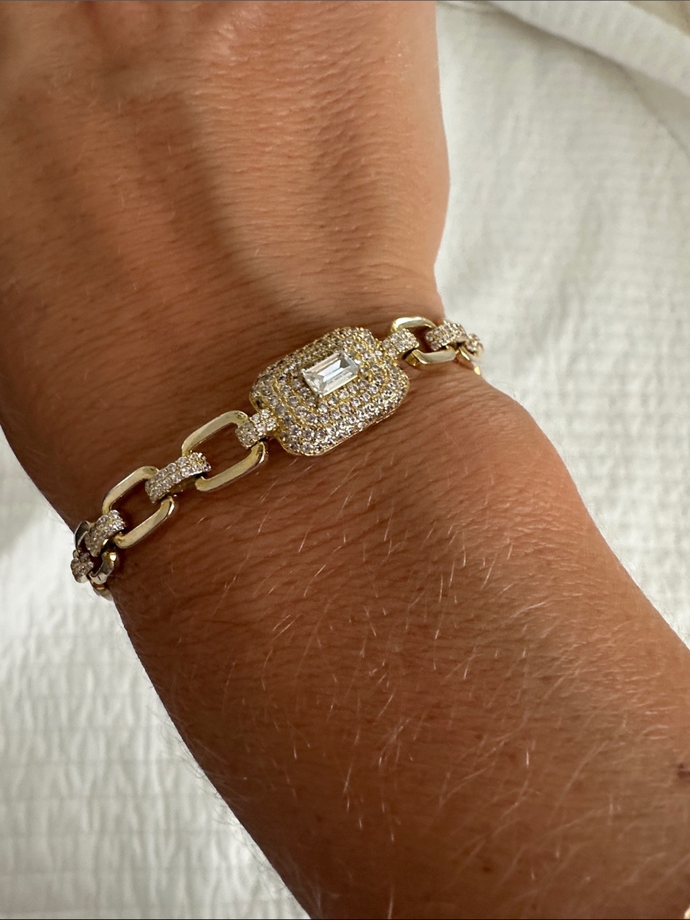 Gold-Tone Pave Link Bracelet with Center Baguette Stone